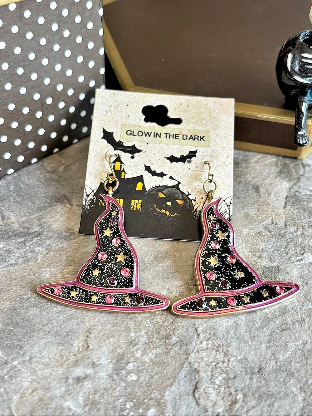 Halloween Statement Witch Hat Earrings in Black & Pink
